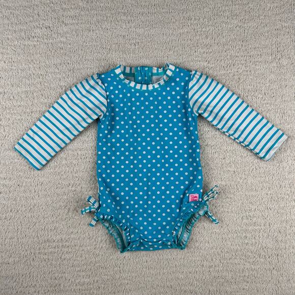 Ruffle Butts Girls Rash Guard 12-18M Blue Long Sleeve Polka Dot One Piece Swim - Picture 1 of 8